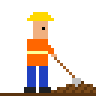 A little construction worker in a yellow hard hat and an orange vest, shoveling dirt
